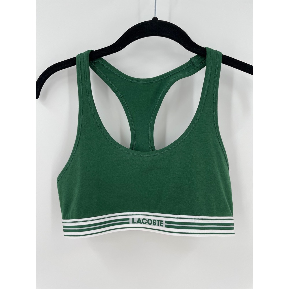 Lacoste Womens Medium Green Cotton Racerback Bralette Logo Band Athleisure Bra